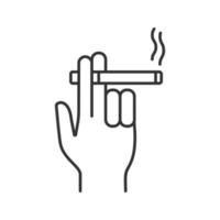 Hand holding burning cigarette linear icon. Thin line illustration. Smoker's hand. Contour symbol. Vector isolated outline drawing