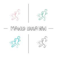 Running man hand drawn icons set. Runner, sprinter. Escape. Jogging. Motion. Color brush stroke. Isolated vector sketchy illustrations