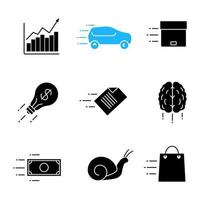 Motion glyph icons set. Speed. Chart, snail, car, flying parcel, file, dollar, brain, idea, fast shopping. Silhouette symbols. Vector isolated illustration