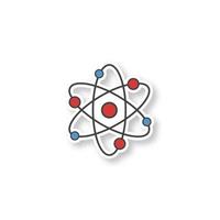 Atom structure patch. Physics. Atomic model. Proton, electron, neutron. Color sticker. Vector isolated illustration