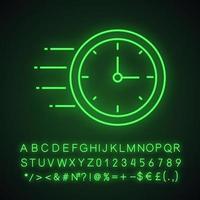 Flying clock neon light icon. Time management. Flying time. Glowing sign with alphabet, numbers and symbols. Vector isolated illustration