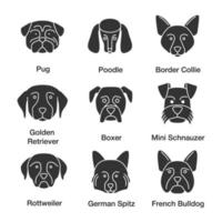 Dogs breeds glyph icons set. Pug, poodle, Border Collie, Golden Retriever, boxer, Miniature Schnauzer, Rottweiler, German Spitz, French Bulldog. Silhouette symbols. Vector isolated illustratio