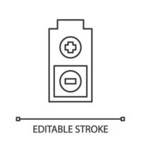 Battery with plus and minus signs linear icon. Thin line illustration. Charging. Half battery level. Contour symbol. Vector isolated outline drawing. Editable stroke