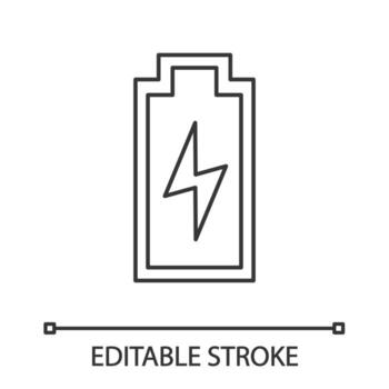 Battery charging linear icon. Thin line illustration. Battery level indicator. Charge completed. Contour symbol. Vector isolated outline drawing. Editable stroke