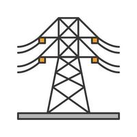 High voltage electric line color icon. Powerline. Electric power pylon. Transmission tower. Isolated vector illustration