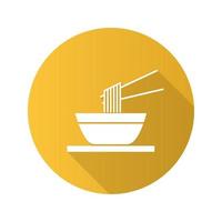 Chinese noodles with chopsticks flat design long shadow glyph icon. Ramen. Spaghetti in bowl. Vector silhouette illustration