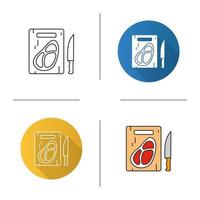 Steak on cutting board with knife icon. Flat design, linear and color styles. Isolated vector illustrations