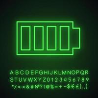 Fully charged battery neon light icon. Charge completed. Battery level indicator. Glowing sign with alphabet, numbers and symbols. Vector isolated illustration
