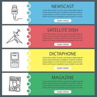 Mass media web banner templates set. Newscast, satellite dish, dictaphone, magazine. Website color menu items with linear icons. Vector headers design concepts