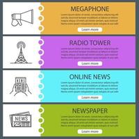 Mass media web banner templates set. Megaphone, TV or radio tower, online news, newspaper. Website color menu items with linear icons. Vector headers design concepts