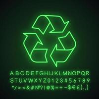 Recycle neon light icon. Environment protection. Glowing sign with alphabet, numbers and symbols. Recycle arrows sign. Vector isolated illustration