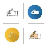 Hand holding pencil icon. Handwriting. Drawing. Taking notes. Flat design, linear and color styles. Isolated vector illustrations