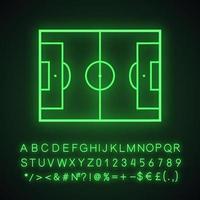 Soccer field neon light icon. Football field scheme. Glowing sign with alphabet, numbers and symbols. Vector isolated illustration