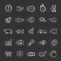 Motion chalk icons set. Speed. Flying items. Fast services. Isolated vector chalkboard illustrations