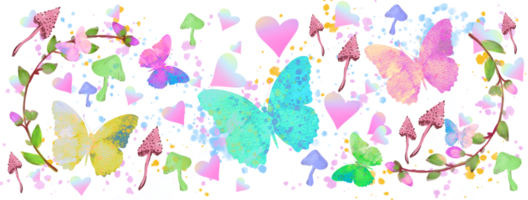patrón de acuarela, papel pintado con mariposa, champiñones, corazones, flores. fondo de naturaleza, png