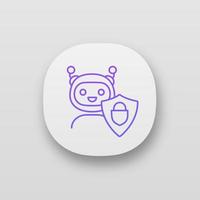 Secured chatbot app icon. Confidential bot dialog. UIUX user interface. Virtual support service. Chat bot with shield and padlock. Web or mobile application. Vector isolated illustration