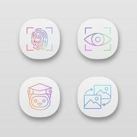 Machine learning app icons set. Fingerprint scanning, iris recognition, teacher bot, data transforming. UIUX user interface. Web or mobile applications. Vector isolated illustrations