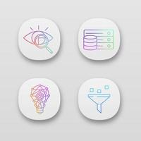 conjunto de iconos de aplicaciones de aprendizaje automático. escaneo de retina, base de datos, proceso de innovación, filtrado de datos. interfaz de usuario uiux. aplicaciones web o móviles. Ilustraciones de vectores aislados