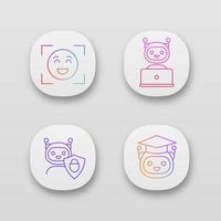 Machine learning app icons set. Emotion detection, chatbot, secured chat bot, teacher robot. UIUX user interface. Web or mobile applications. Vector isolated illustrations