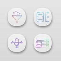 Machine learning app icons set. Data filtering, relational database, server, voice recognition. UIUX user interface. Web or mobile applications. Vector isolated illustrations