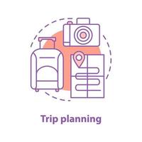 Going on trip concept icon. Travel planning idea thin line illustration. Baggage, photo camera, map. Vector isolated outline drawing