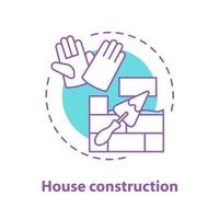 House construction concept icon. Building process idea thin line illustration. Brick wall with triangular shovel and gloves. Vector isolated outline drawing