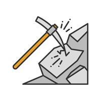 Pickaxe breaking mountain color icon. Mining. Navvy pick. Isolated vector illustration