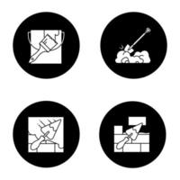 Construction tools glyph icons set. Paint bucket with brush, digging shovel, brick wall with triangular shovel. Vector white silhouettes illustrations in black circles