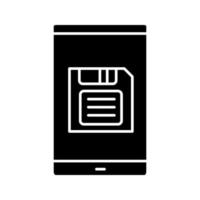 Smartphone screen with save button glyph icon. Silhouette symbol. Data saving. Negative space. Vector isolated illustration