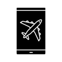 Smartphone airplane mode glyph icon. Silhouette symbol. Negative space. Mobile phone screen with plane. Vector isolated illustration