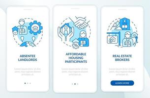 Property managers customers blue onboarding mobile app screen. Realty walkthrough 3 steps graphic instructions pages with linear concepts. UI, UX, GUI template vector