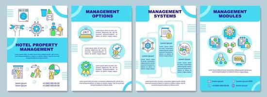 Property management in hotels blue brochure template. Booklet print design with linear icons. Vector layouts for presentation, annual reports, ads