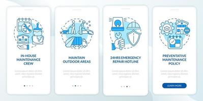 Maintenance, repair and remodeling blue onboarding mobile app screen. Fix walkthrough 4 steps graphic instructions pages with linear concepts. UI, UX, GUI template vector