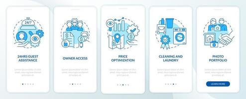 Property management in hotels blue onboarding mobile app screen. Module walkthrough 5 steps graphic instructions pages with linear concepts. UI, UX, GUI template vector