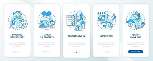 Property management operations blue onboarding mobile app screen. Service walkthrough 5 steps graphic instructions pages with linear concepts. UI, UX, GUI template vector