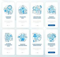 Property management blue onboarding mobile app screen set. Realty walkthrough 4 steps graphic instructions pages with linear concepts. UI, UX, GUI template vector