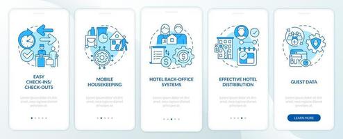 Hotel property management systems blue onboarding mobile app screen. Tech walkthrough 5 steps graphic instructions pages with linear concepts. UI, UX, GUI template vector