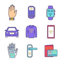 NFC technology color icons set. Near field bracelet, POS terminal, smartwatch, car, clothes, smartphone, hand implant, door lock, identification system. Isolated vector illustrations