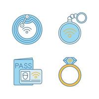 NFC technology color icons set. Near field chip, trinket, identification system, ring. Isolated vector illustrations