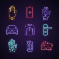 NFC technology neon light icons set. Near field bracelet, smartphone, hand implant, car, clothes, door lock, POS terminal, credit card. Glowing signs. Vector isolated illustrations