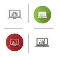 Statistics icon. Laptop display with market growth chart. Analysis. Statistics diagram. Flat design, linear and color styles. Isolated vector illustrations