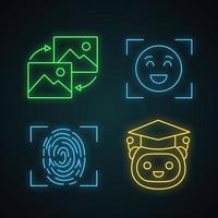 Machine learning neon light icons set. Data transforming, emotion detection, fingerprint identification, teacher bot. Glowing signs. Vector isolated illustrations