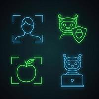 Machine learning neon light icons set. Facial recognition, secured chatbot, object detection app, chat bot. Glowing signs. Vector isolated illustrations