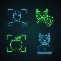 Machine learning neon light icons set. Facial recognition, secured chatbot, object detection app, chat bot. Glowing signs. Vector isolated illustrations