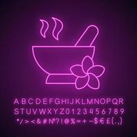 Spa salon mortar and pestle neon light icon. Aromatherapy. Glowing sign with alphabet, numbers and symbols. Vector isolated illustration