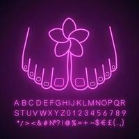 Feet care neon light icon. Woman's feet with plumeria flower. Spa salon procedure. Glowing sign with alphabet, numbers and symbols. Vector isolated illustration
