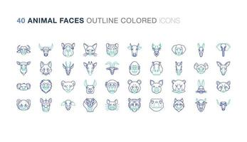 Animal Faces Outline Colored icon set vector