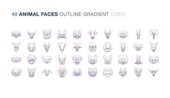 conjunto de iconos de degradado de contorno de caras de animales vector