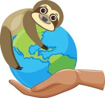 Sloth hugging earth globe vector