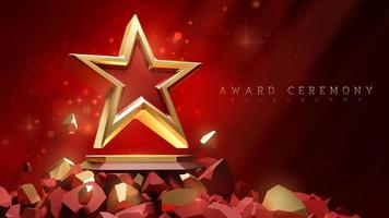 Red background. 3d gold star with light beam effect with bokeh decoration. Award ceremony design concept. vector